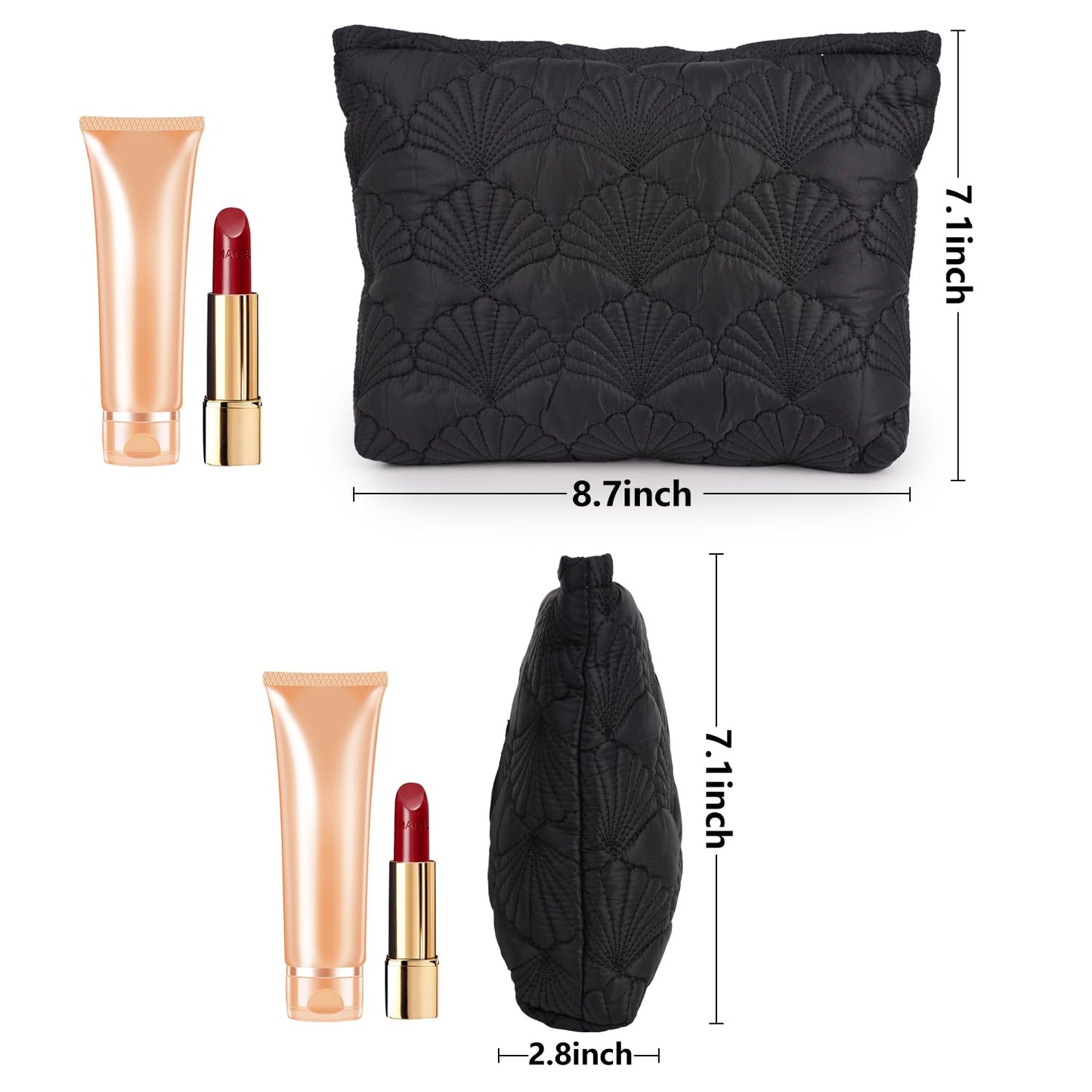 Sarrany White Quilted Makeup Bag, Cute Make Up Bag Organizer whith Shell Pattern, Cotton Cosmetic Bag for Women & Girls, Canvas Lined Pouch, Coquette Organizer purse(White Shell set of 3)