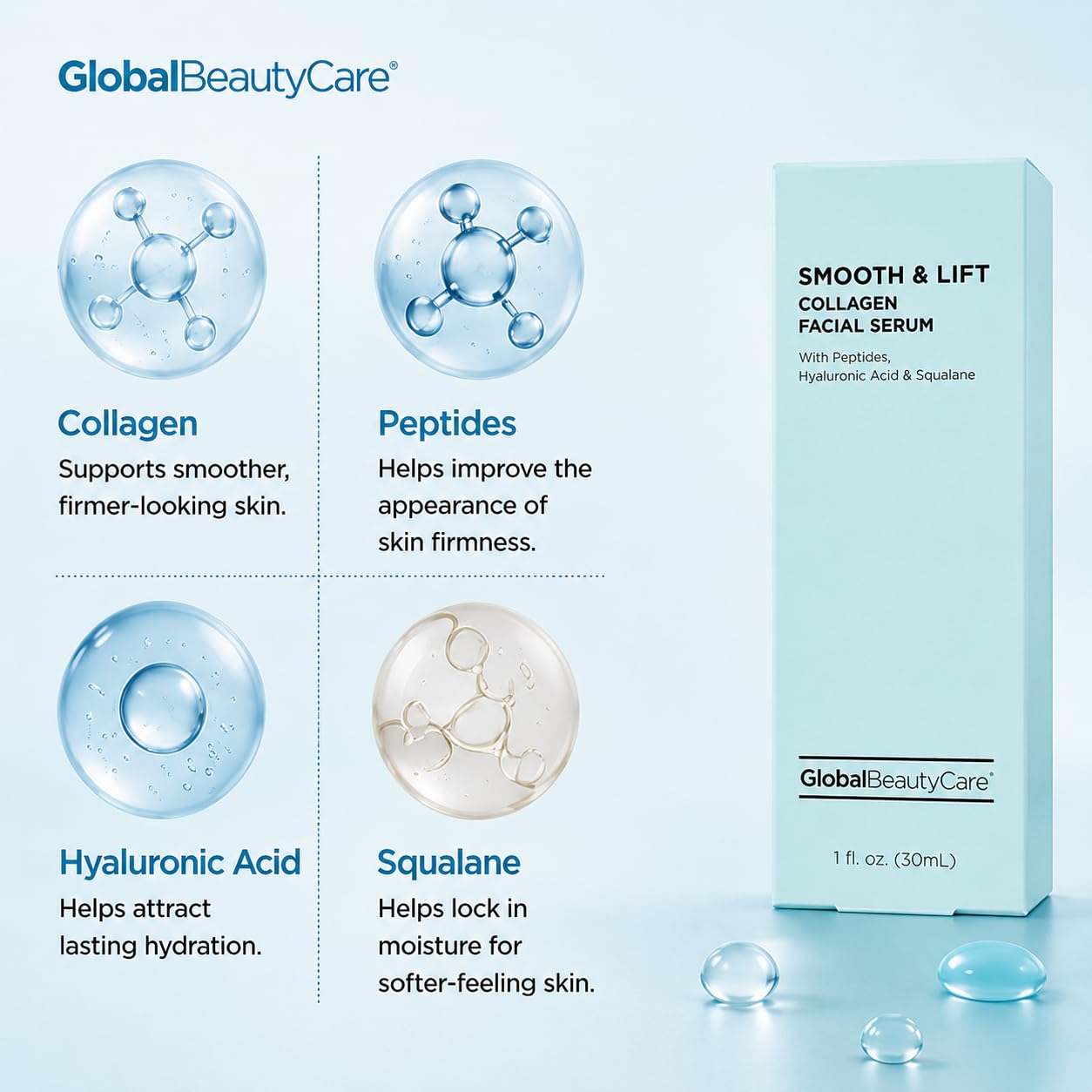Global Beauty Care Smooth & Lift Collagen Facial Serum Hydrating Face Serum to Support Firm-Looking Skin with Peptides, Hyaluronic Acid & Squalane, Fast-Absorbing Hydrating Formula, 1 fl oz (2-Pack)