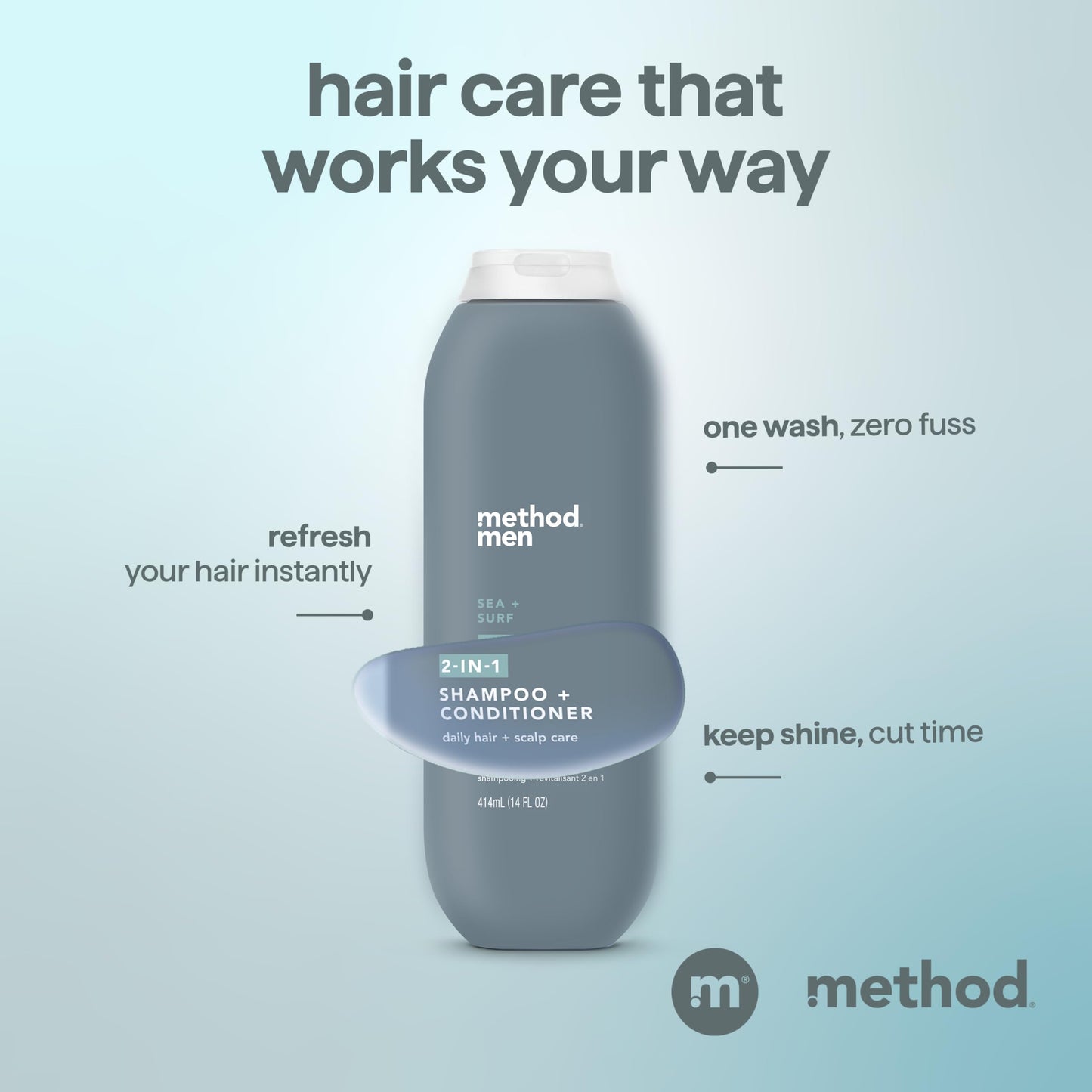Method Men 2-in-1 Shampoo and Conditioner, Sea + Surf - Cleans and Conditions with Argan and Jojoba Oil - Made without Parabens - 14 oz, Pack of 3