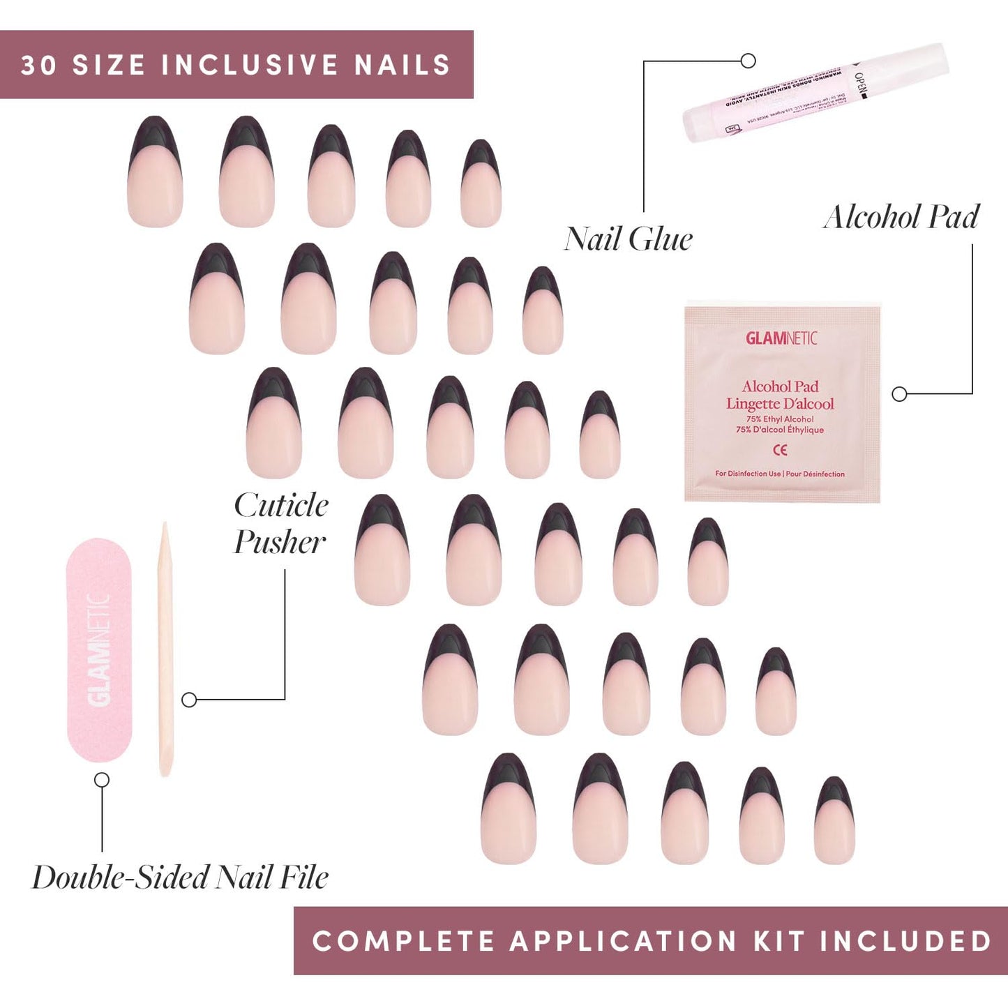 Glamnetic Press-On Nails Bundle - Caviar & Boba | Semi-Transparent, Short Almond Nails, Reusable | Opaque Black Short Almond Nails | Reusable Nail Kit with Glue