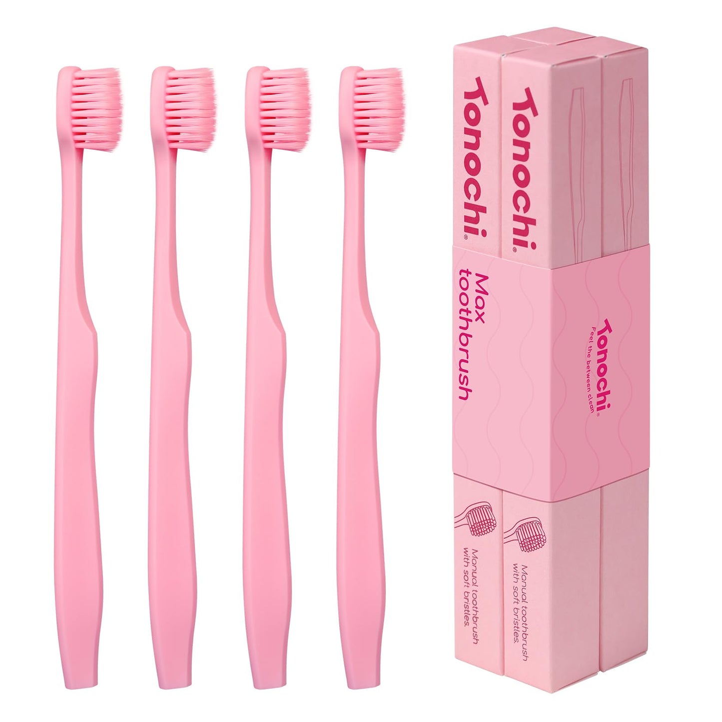 Tonochi Max Extra Soft Toothbrush for Adults with Sensitive Gums, Soft Bristle Toothbrushes, Wide Head for Back Teeth, Ergonomic Non-Slip Grip, BPA Free, Individually Wrapped, 4 Pack, Blush Pink