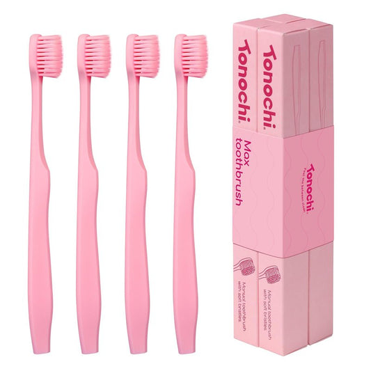 Tonochi Max Extra Soft Toothbrush for Adults with Sensitive Gums, Soft Bristle Toothbrushes, Wide Head for Back Teeth, Ergonomic Non-Slip Grip, BPA Free, Individually Wrapped, 4 Pack, Blush Pink