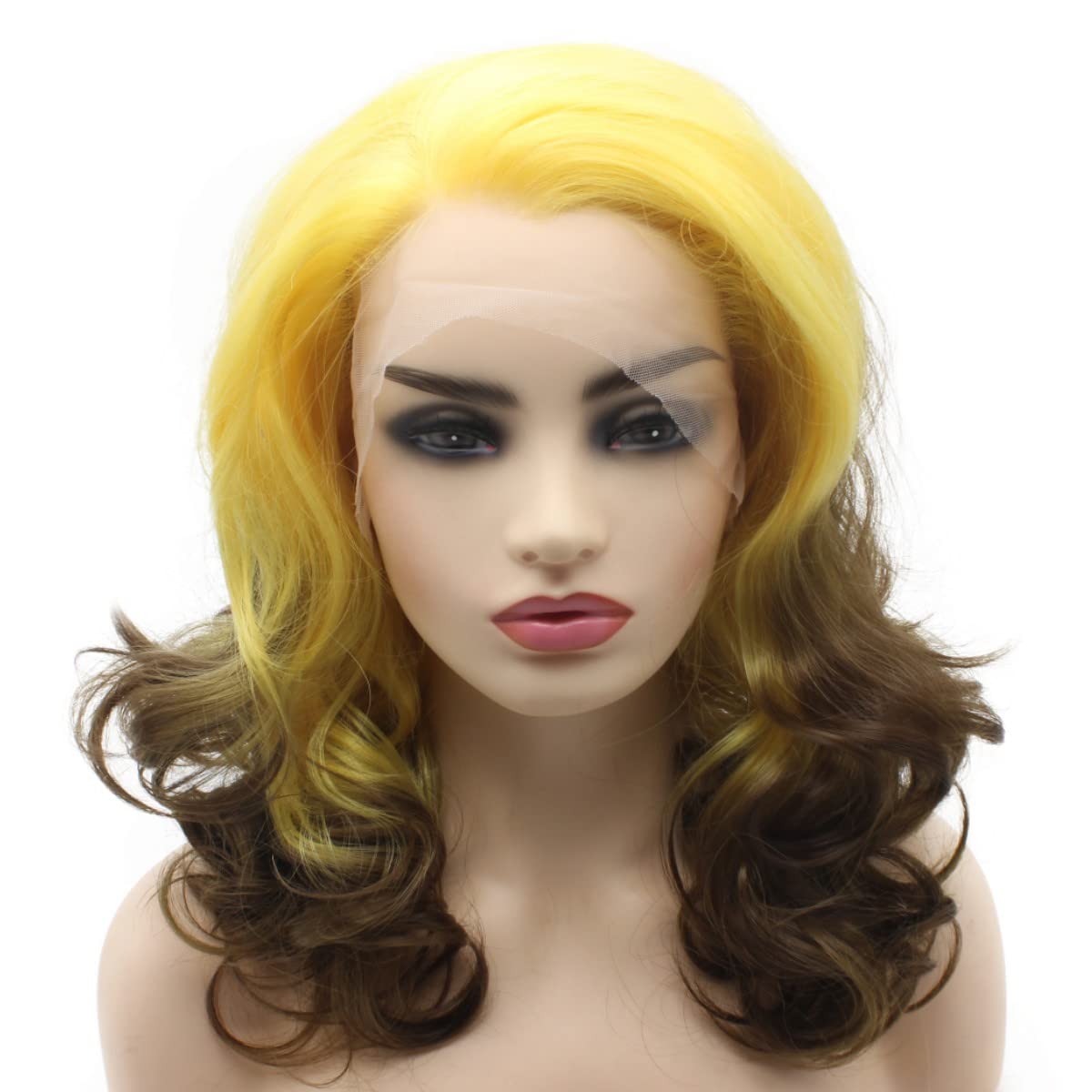 Peakia Shoulder Length Wavy Yellow Brown Ombre Half Hand Tied Lace Front Wig Synthetic