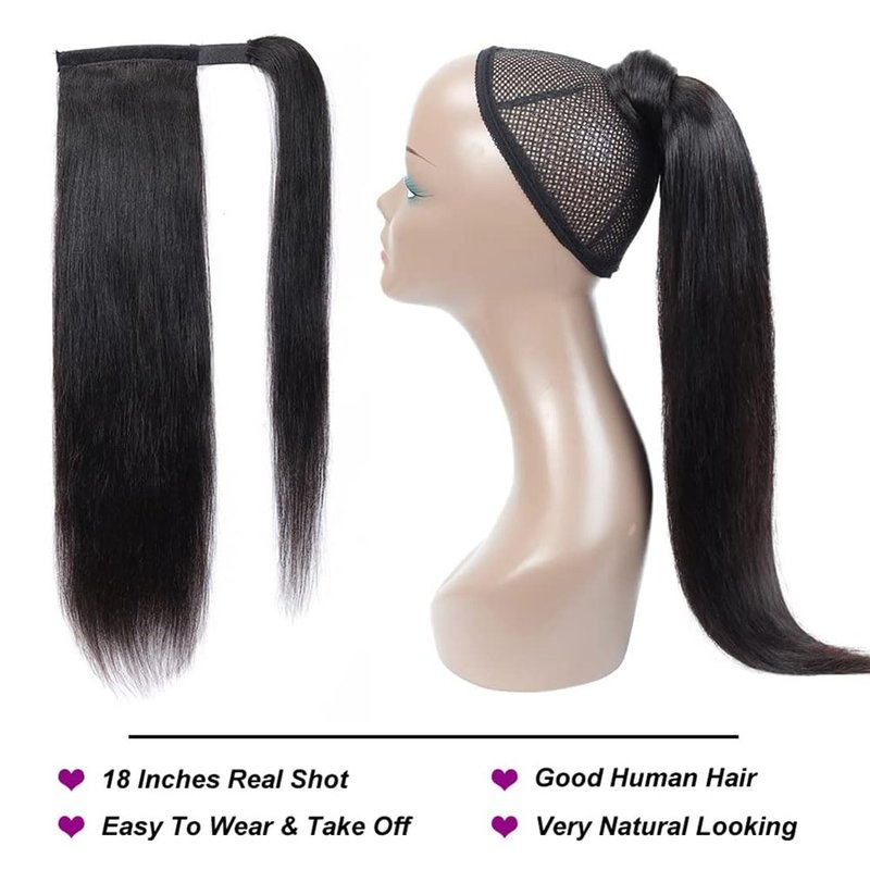 Straight Ponytail Human Hair Extensions Brazilian Wrap Around Ponytail for Black Women Unprocessed Remy Human Hair Pony Tail Clip In Extension Hairpiece 110g (Straight Hair, 18inch)