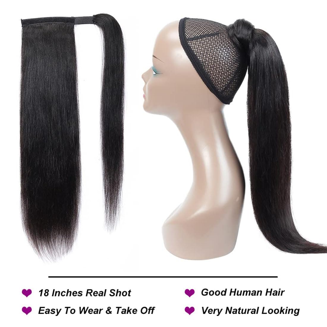 Straight Ponytail Human Hair Extensions Brazilian Wrap Around Ponytail for Black Women Unprocessed Remy Human Hair Pony Tail Clip In Extension Hairpiece 110g (Straight Hair, 18inch)