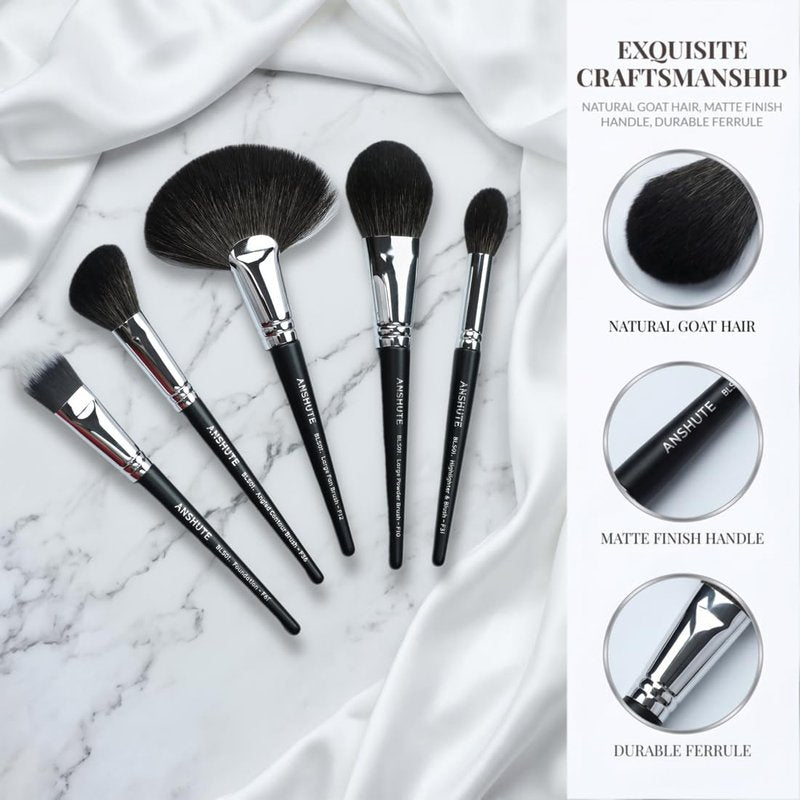 5-Piece Natural Goat Hair Makeup Brush Set - Super Soft Face Brushes for Powder, Blush, Contour | Labeled Handles