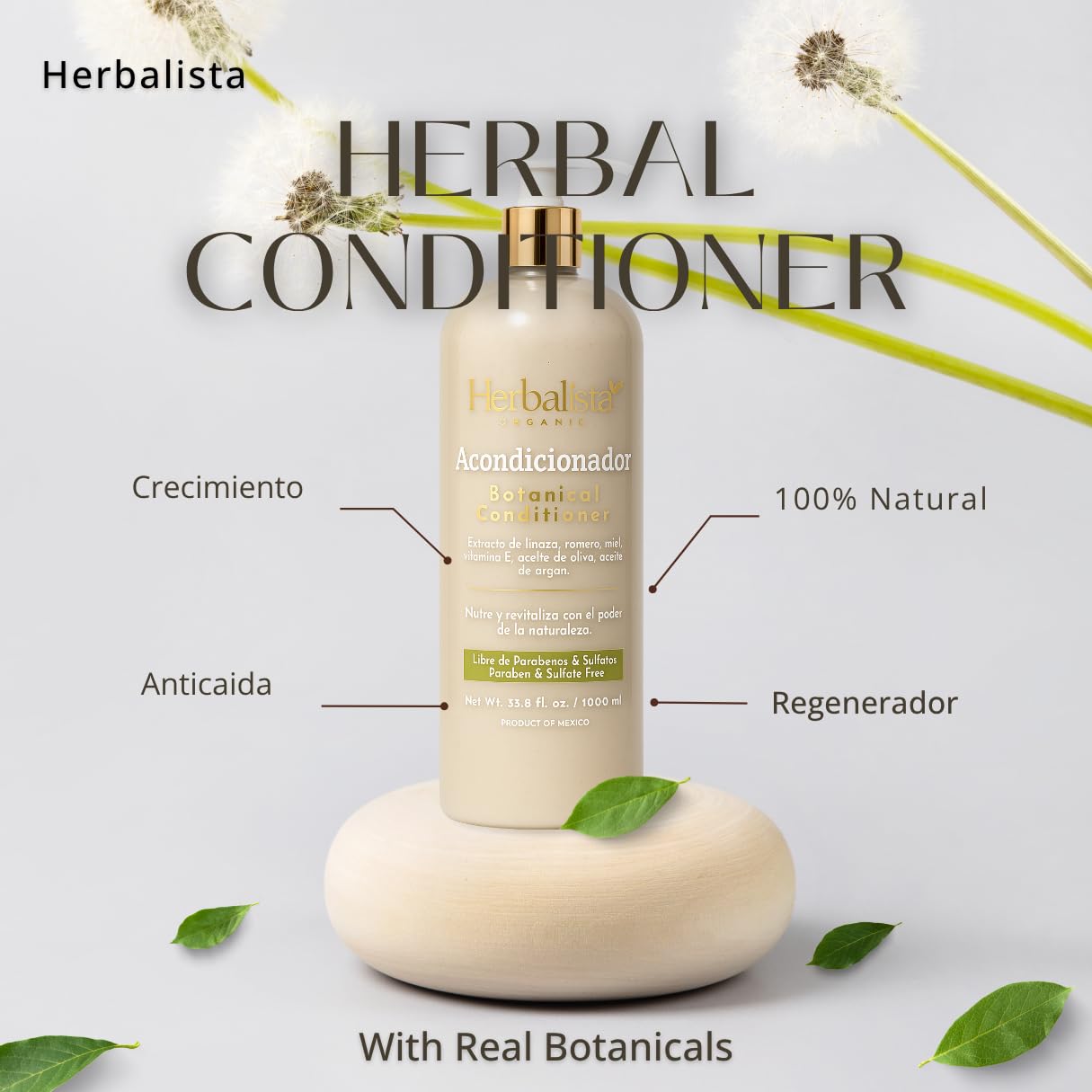 HERBALISTA Viral Herbal Conditioner/Acondicionador 1000ml (33.8 fl oz) – With Rosemary, Coconut Oil, Flaxseed Extract, Aloe, Honey, Vitamin E & Olive Oil – Suaviza, Nutre, Hidrata – 100% Natural