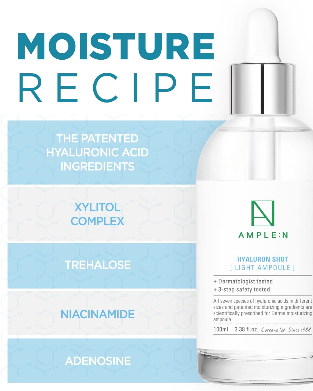 AMPLE:N Hyaluron Shot Light Serum - Korean Hyaluronic Acid Moisturizing Serum - Hydrate Oily and Combination Skin and Restore Vitality – Plumping, Refreshing, Anti Aging Ampoule, 3.38 fl.oz.