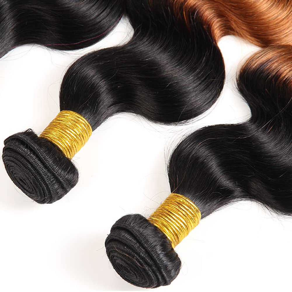 Ombre Body Wave Human Hair Bundles - Two Tone Black & Highlight Brown | 3 Bundles 8-10-12 Inch