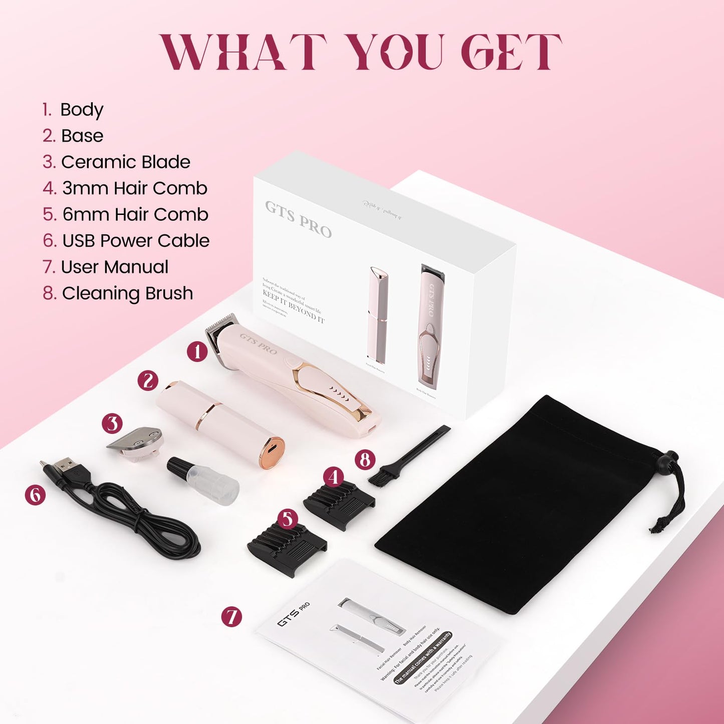 Bikini Trimmer for Women Electric Razor 2 Pack Dual Head Body & Facial Hair Remover -Waterproof USB Rechargeable with Replacement Ceramic Blades, Travel Pouch & Packaging Box(Pink)
