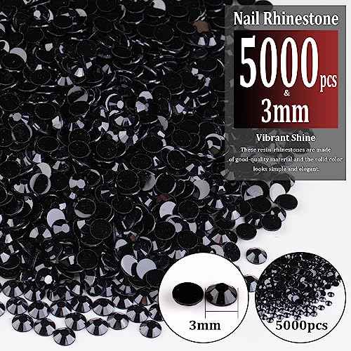 5000pcs 3mm Resin Rhinestones Bulk, Black Flatback Round Jelly Rhinestones Bedazzling Non Hotfix Crystal Gems Large Quantity Wholesale for DIY Crafts Clothes Bottles Tumblers Face Makeup Manicure
