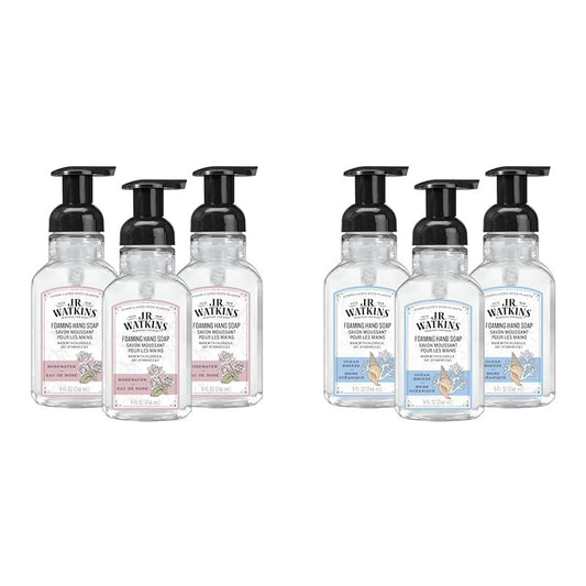 J.R. Watkins Foaming Hand Soap, Moisturizing Foam Hand Wash, All Natural, Alcohol-Free, Cruelty-Free, USA Made, Rosewater, 9 fl oz, 3 Pack and Ocean Breeze, 9 fl oz, 3 Pack Bundle