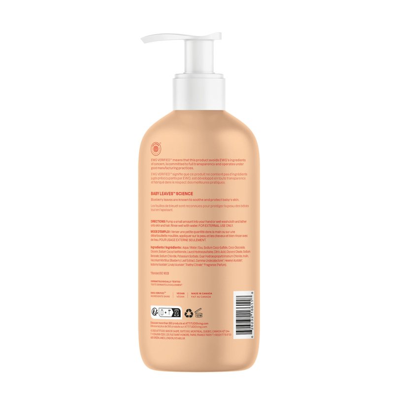 ATTITUDE 2-in-1 Shampoo and Body Wash for Baby, EWG Verified, Dermatologically Tested, Vegan, Orange and Pomegranate, 16 Fl Oz
