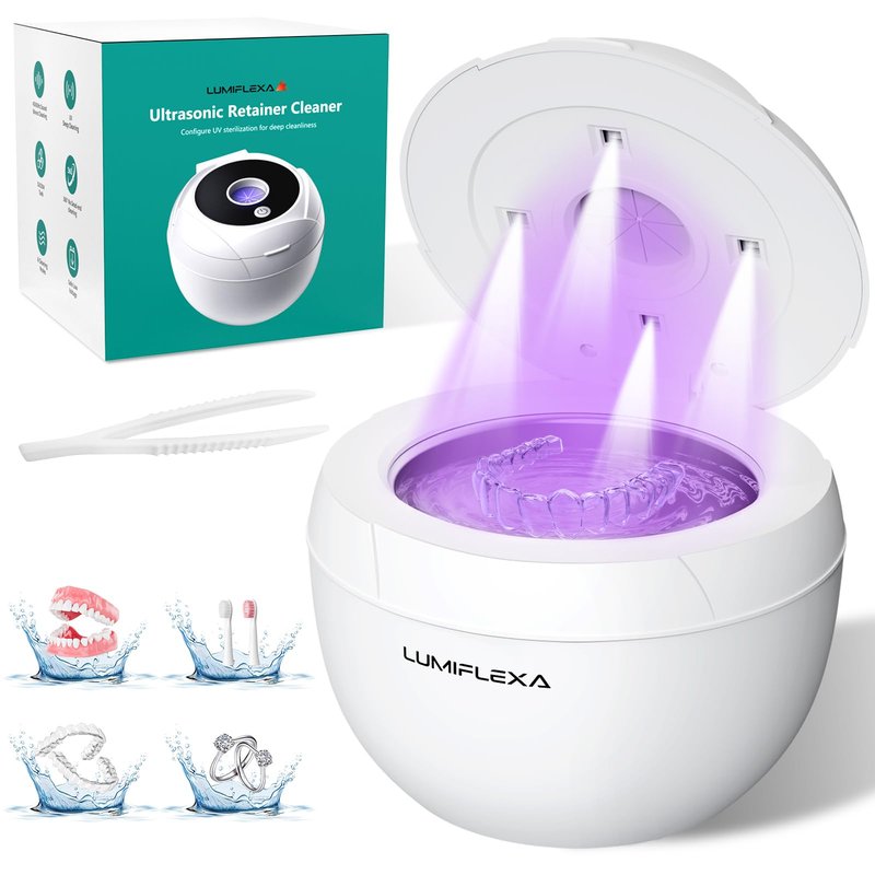Lumiflexa Ultrasonic Retainer Cleaner-45kHz Retainer Cleaner Machine,4 Modes Ultrasonic Cleaner for Dentures, Aligners,Mouth Guards, Braces,Toothbrush,Jewelry-200ML Dental Pod(White)