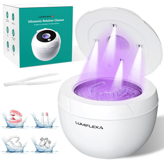 Lumiflexa Ultrasonic Retainer Cleaner-45kHz Retainer Cleaner Machine,4 Modes Ultrasonic Cleaner for Dentures, Aligners,Mouth Guards, Braces,Toothbrush,Jewelry-200ML Dental Pod(White)