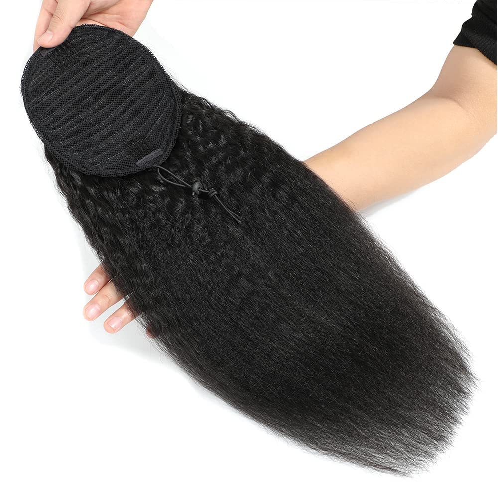 Yaki Straight Ponytail Extension, Wrap Around Ponytail Extension for Black Women, Yaki Human Hair Extension, Natural Black (Drawstring ponytail, 24 inch)
