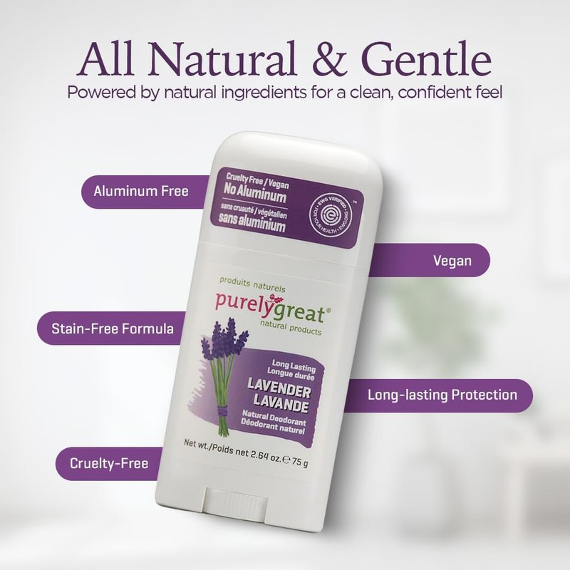 Purelygreat Lavender Scented Women & Men Natural Deodorant Stick | Travel Friendly Hygiene Essential | Parabens & Aluminum Free Clean Deodorant for Women & Men - 2.64 oz / 75 g