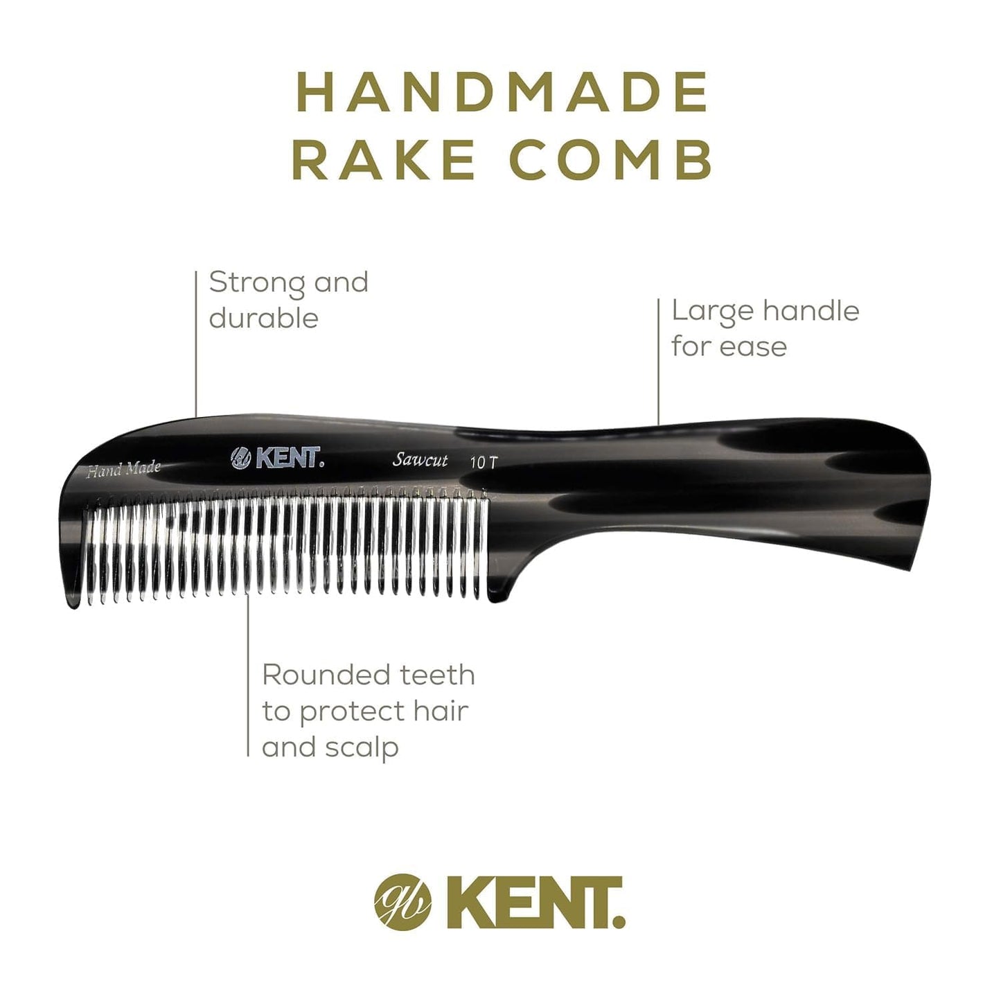 Kent 10T Graphite and Tortoise Large Detangler Comb, Handmade Wide Tooth Comb for Curly Hair, Detangling Combs For Wet and Dry Hair, Combs for Thick Hair, Saw-Cut and Hand Polished Made in England