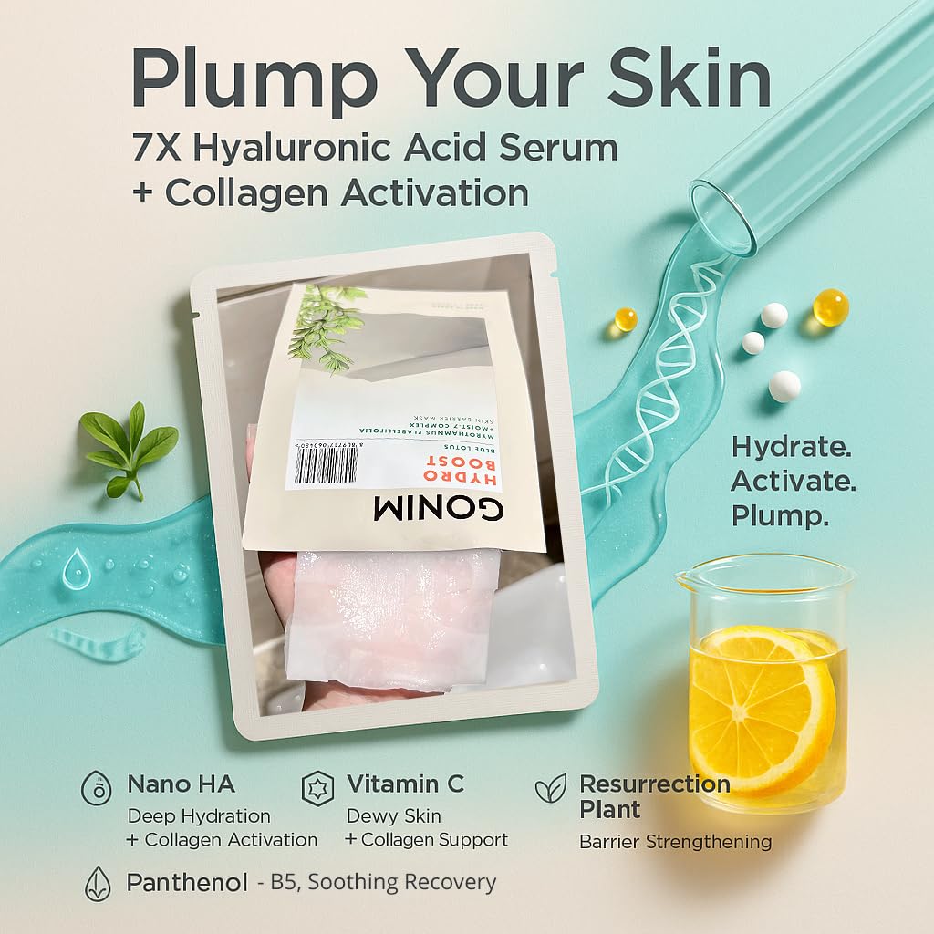 GONIM Korean Face Mask, Hydrating Sheet Mask with Hyaluronic Acid Serum