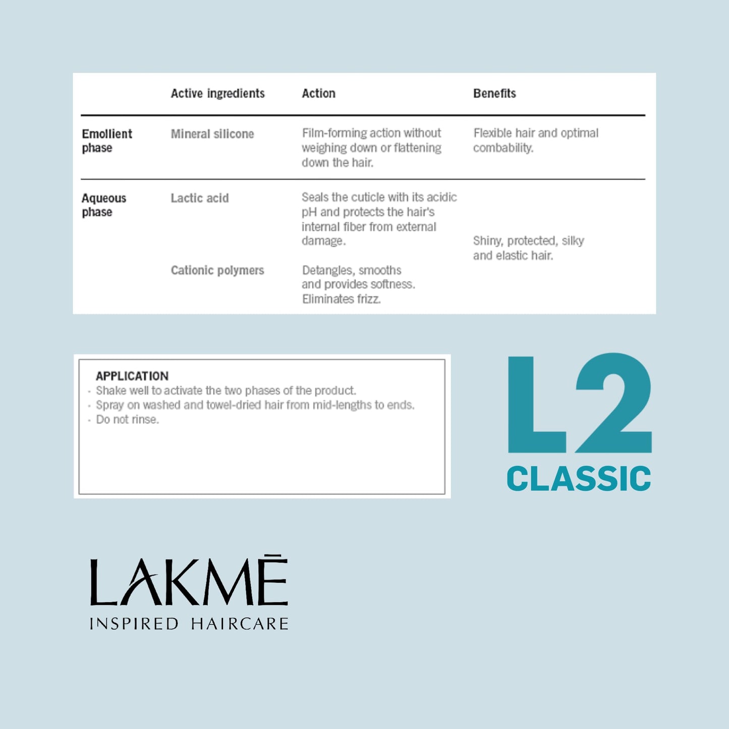 Lakmé L2 Classic Bi Phase Conditioner, Detangling Spray for Hair, Leave In Conditioner Spray For All Hair Types, 10.2 Fl Oz