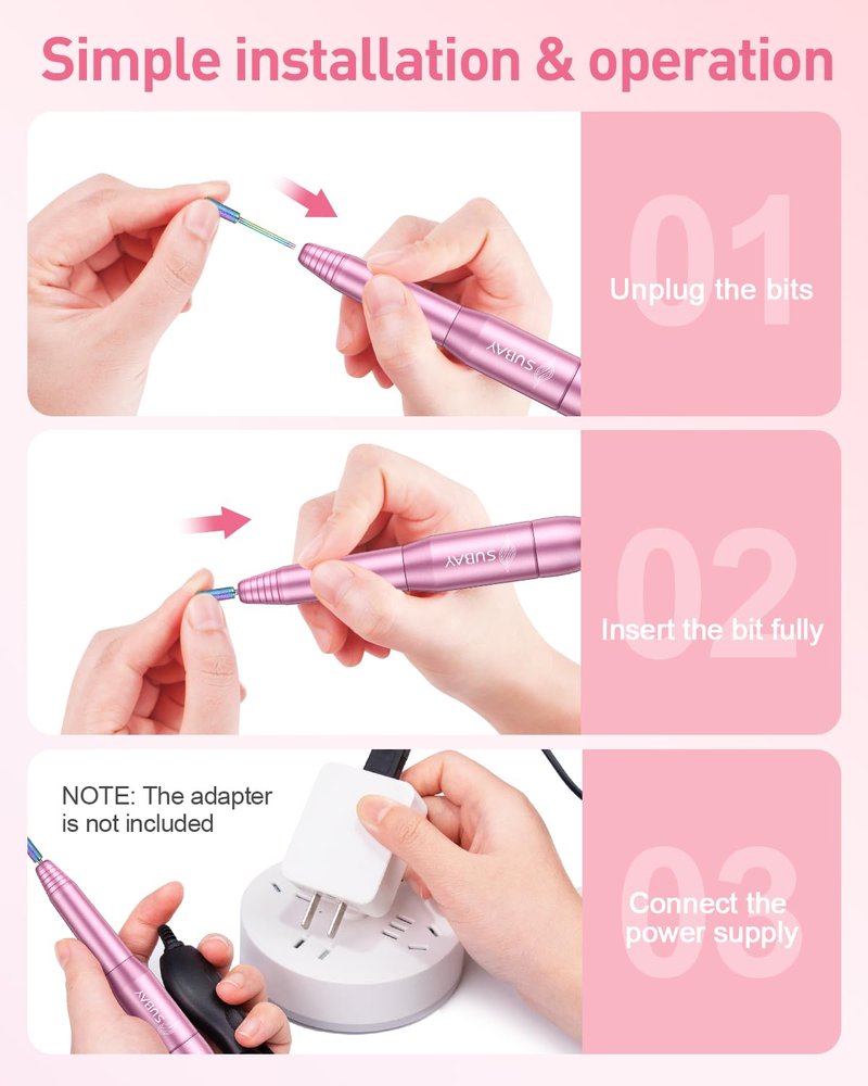 Electric Nail Drill - Portable Manicure & Pedicure Tool for Acrylic Gel Nails | 6 Bits & 26 Sanding Bands - Pink
