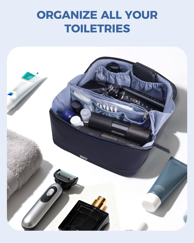 WANDF Toiletry Bag for Men, PU Leather Dopp Kit with Detachable Waterproof Hanging Pouch and Wet Pocket (Navy Blue)
