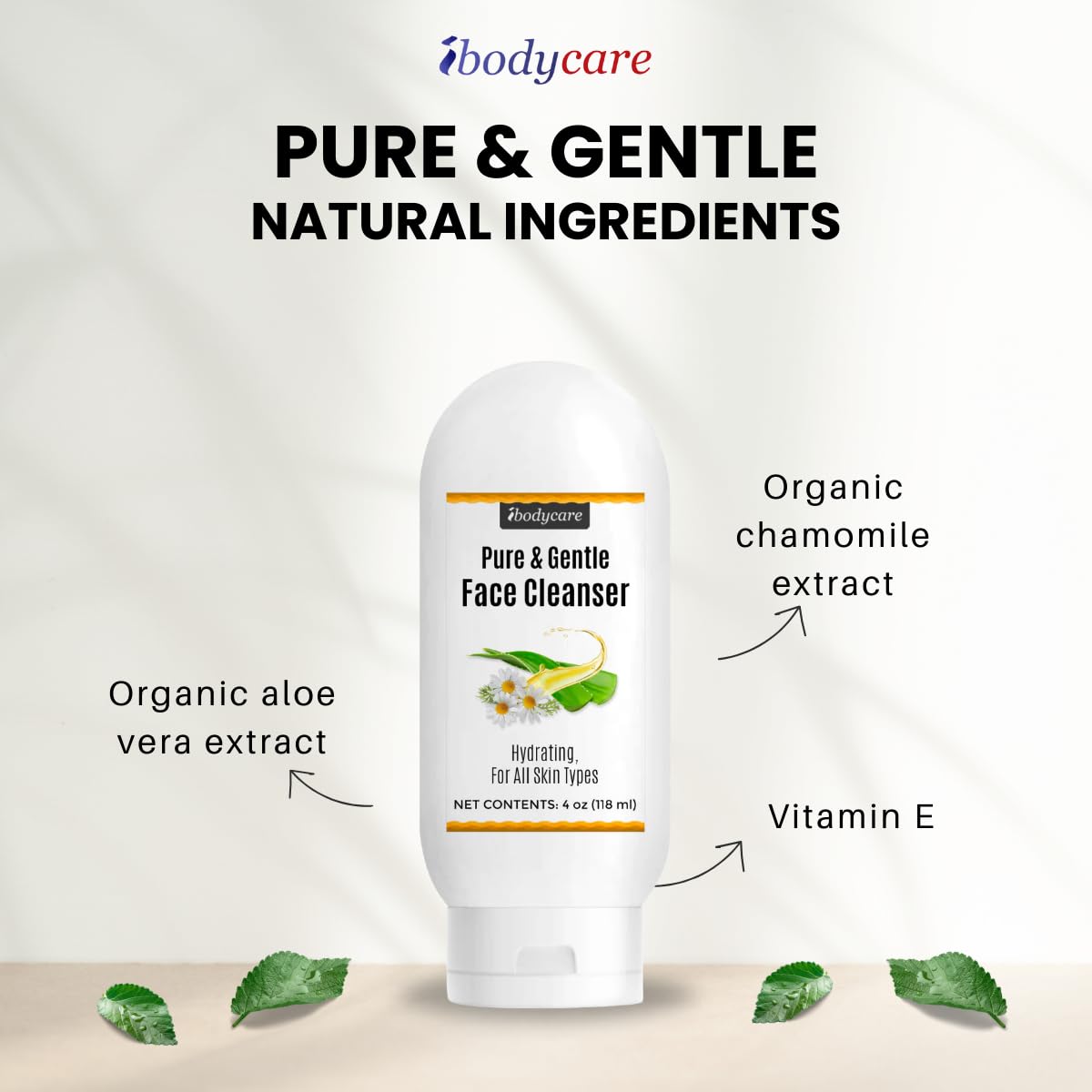 ibodycare Aloe Chamomile Face Cleanser for Sensitive Skin, Sulfate Free, Paraben Free, Fragrance Free, Daily Face Wash, Gentle Natural Cleanser for Women and Men, 4 oz (2 Pack)