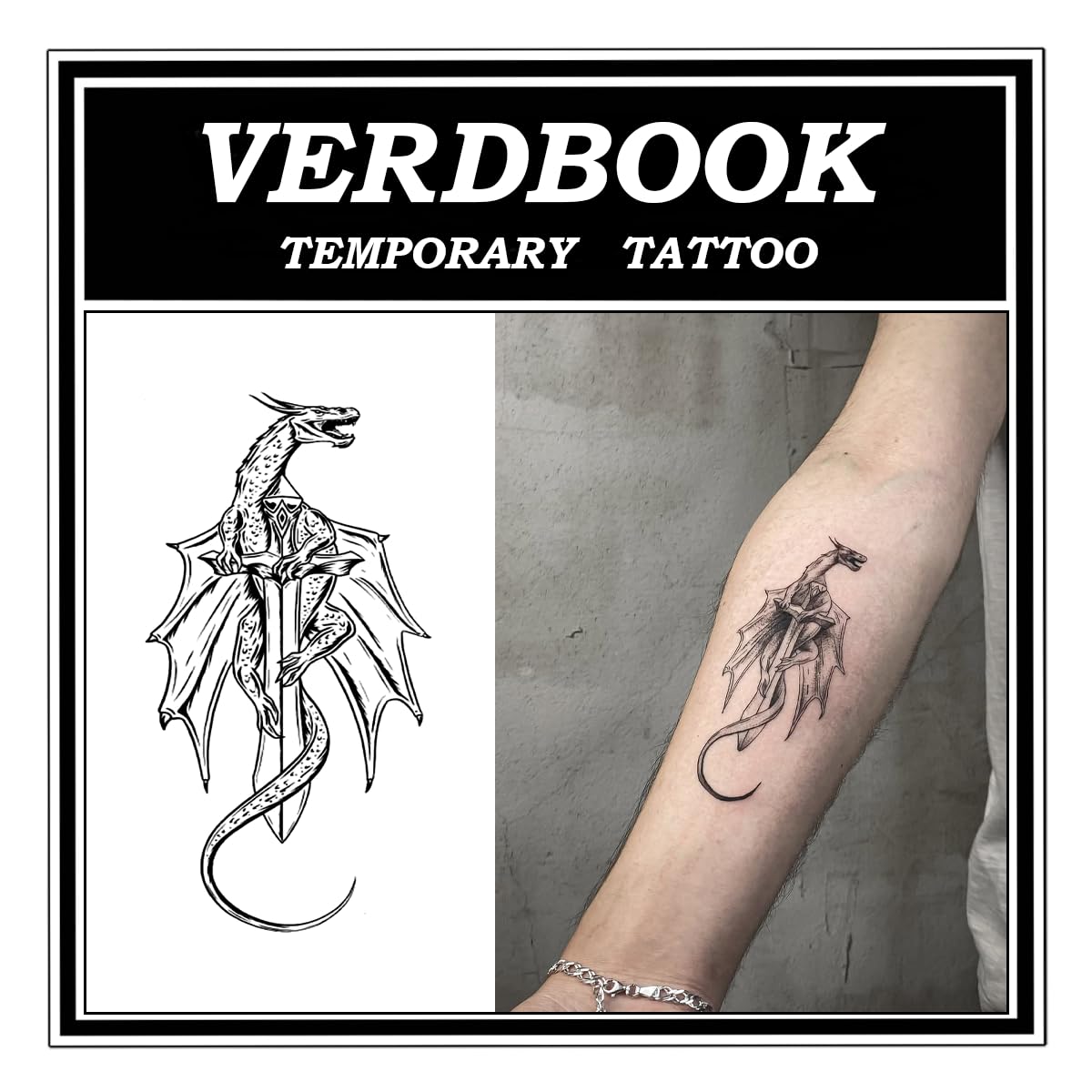 VERDBOOK Semi Permanent Dragon & Sword Pattern Tattoos Women, 2 Sheets