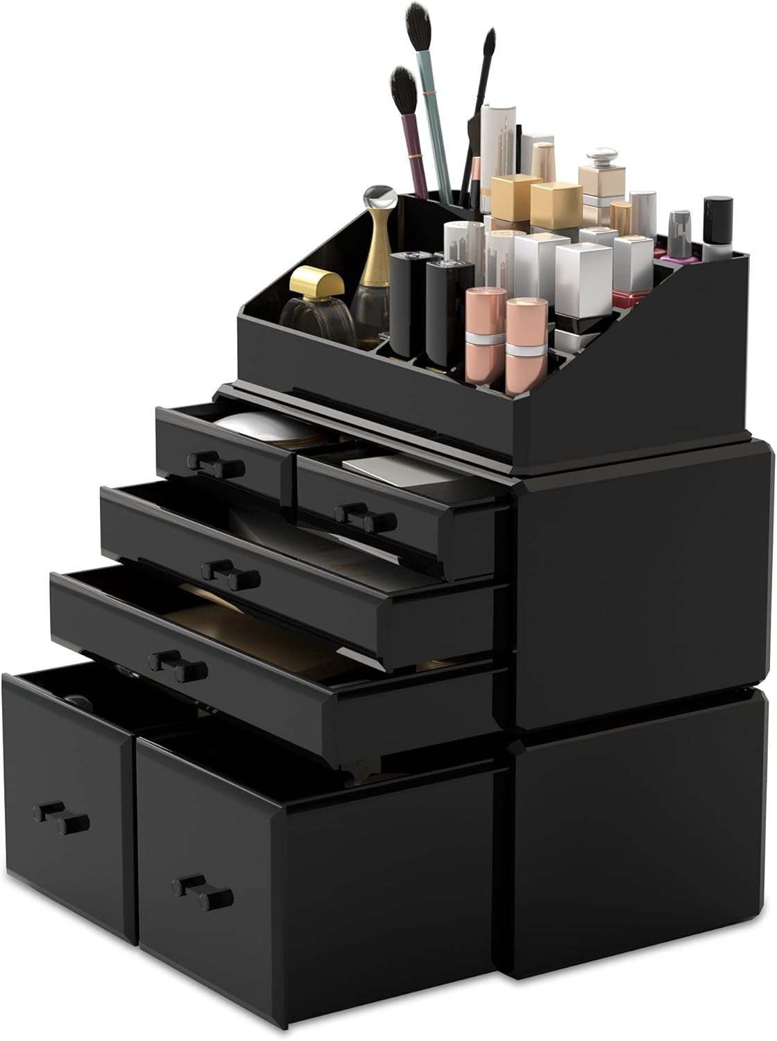 Makeup Organizer - 3-Piece Cosmetic Storage Case with 6 Drawers | Black