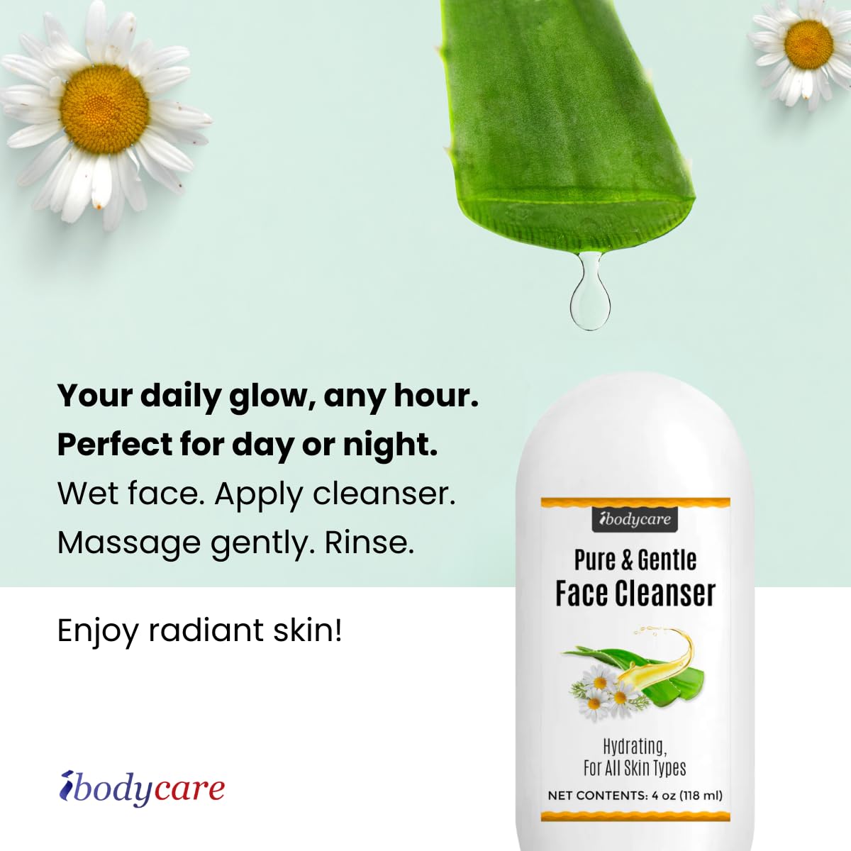ibodycare Aloe Chamomile Face Cleanser for Sensitive Skin, Sulfate Free, Paraben Free, Fragrance Free, Daily Face Wash, Gentle Natural Cleanser for Women and Men, 4 oz (2 Pack)