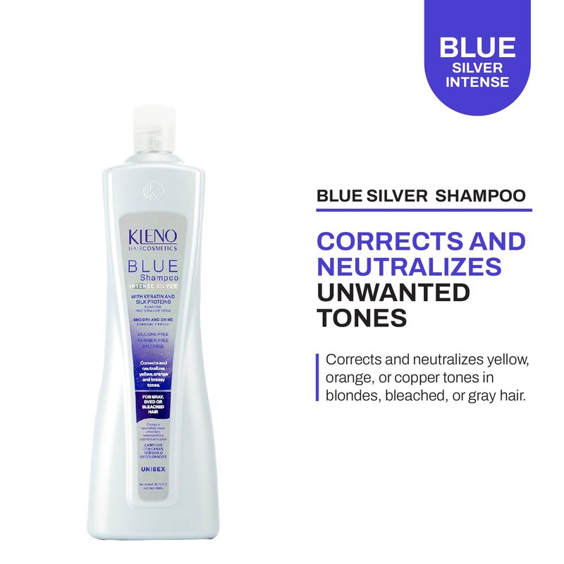 Kleno Blue Silver Intense Shampoo - Keratin & Silk Proteins, Neutralizes Yellow, Orange & Brassy Tones, Unisex Toning Treatment, Softness & Shine, 32.13 fl oz Bottle