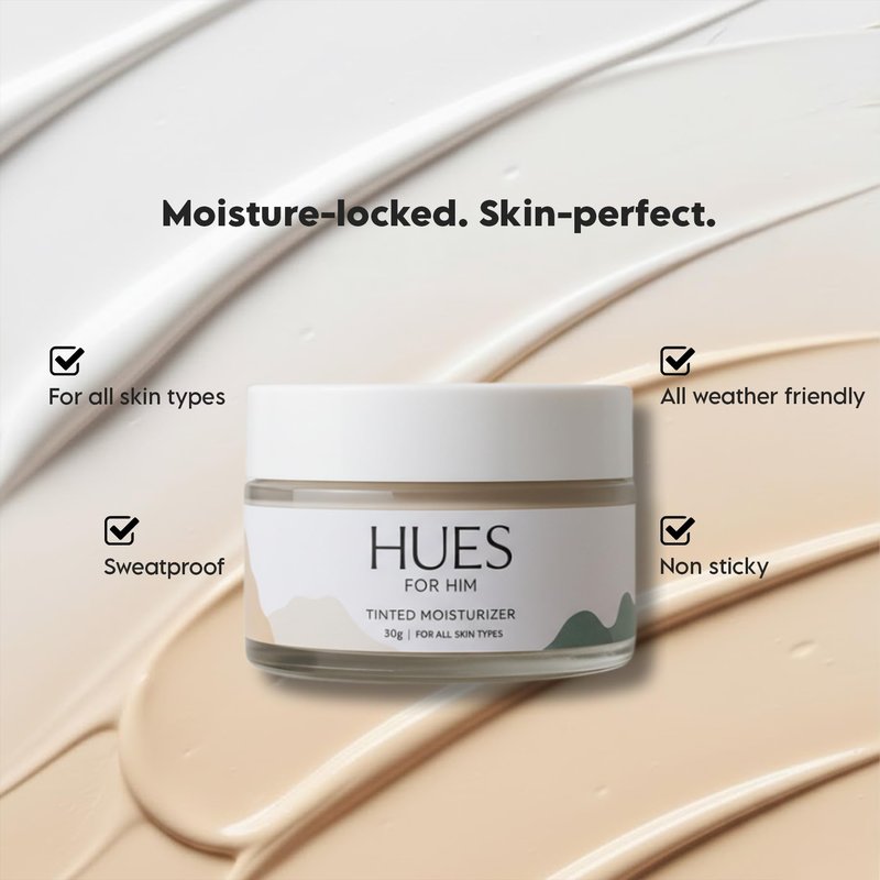 HUES FOR HIM Tinted Moisturiser – Hydra Boost BB Cream with Hyaluronic Acid for Men, Even Skin Tone & Daily Hydration, 30g