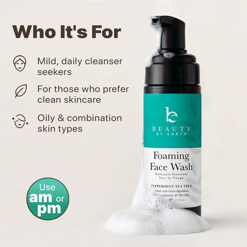 Beauty by Earth Foaming Face Wash Cleanser – Natural & Organic Ingredients, Vegan Facial Wash, Gentle Daily Cleanser for Sensitive, Oily & Acne Prone Skin, Made in USA