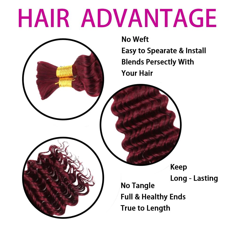 Human Braiding Hair - 150g Deep Wave Curly Extensions for Boho Braids | 24 Inch, 99J Burgundy Color