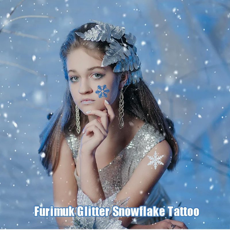 Snowflake Temporary Tattoo Stickers - Winter Glitter Tattoos for Kids & Adults | 5 Sheets in Blue & Silver