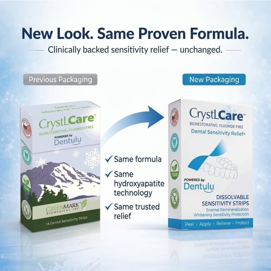 Dentulu CrystLCare Biorestorative - Fluoride-Free Dental Strips for Tooth Sensitivity Relief, Enamel Support & Remineralization with Nano Hydroxyapatite Oral Care (14 Count)