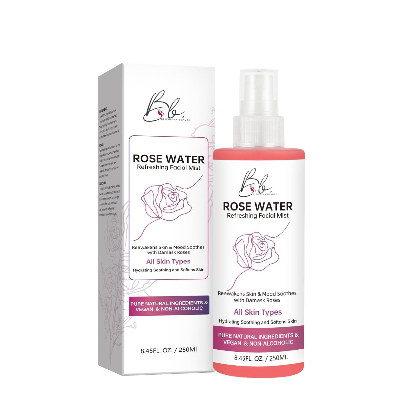 Blusheva Beauty Rosewater Refreshing Facial Mist Hydrating, Soothing & Softening Spray with Damask Roses & Glycerin Pure Natural Ingredients, Vegan, Alcohol-Free, All Skin Types, 8.45 fl oz