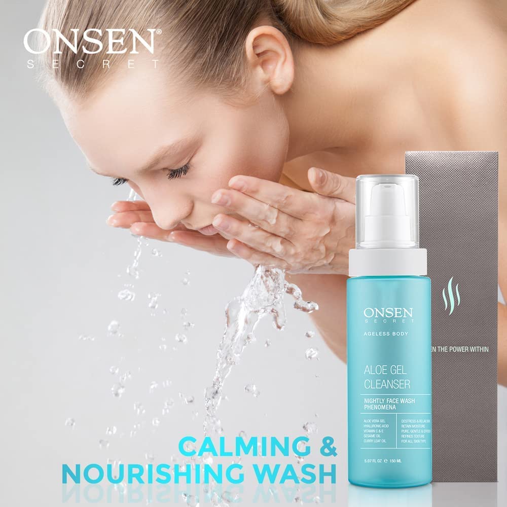 Onsen Secret Japanese Aloe Vera Face Wash - Premium Nightly Facial Cleanser for Makeup Removal, Heals Dry & Sensitive Skin, Hyaluronic Acid, Curry Leaf Oil, Vitamin C & E, Gel Cleanser