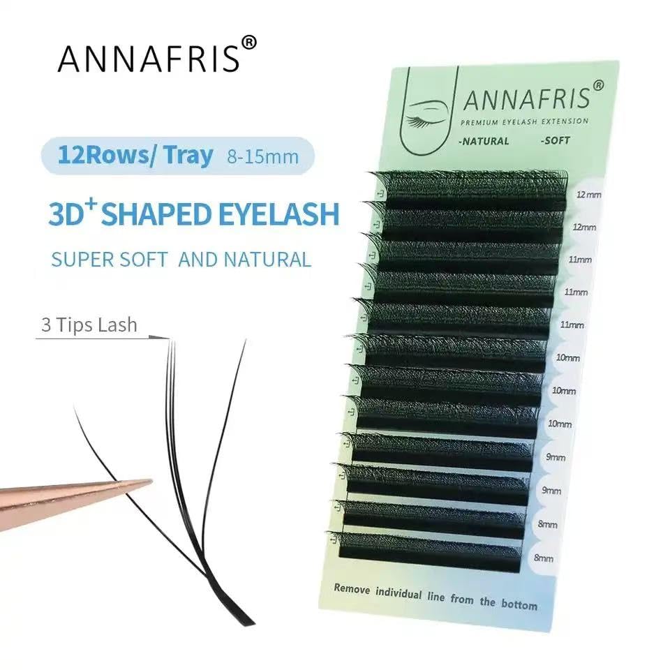 3D W Shape Premade Fan Eyelash Extensions - Volume 3 Tips | Faux Mink Matte Black, 0.07 C, 8-12mm Mix