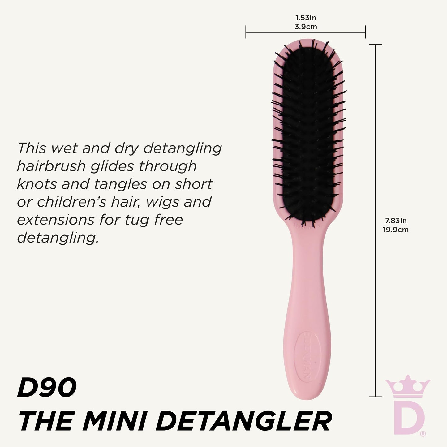 Denman Mini Deatngling Hairbrush for Short Hair - Gentle Wet & Dry Knot Remover for Kids and Adults, D90 Pink Crush