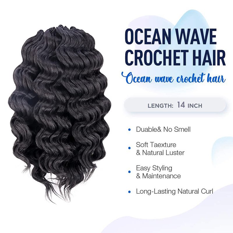 Ocean Wave Crochet Hair - 14 Inch Natural Black Curly Deep Wave Extensions | 8 Packs Synthetic Braiding Hair