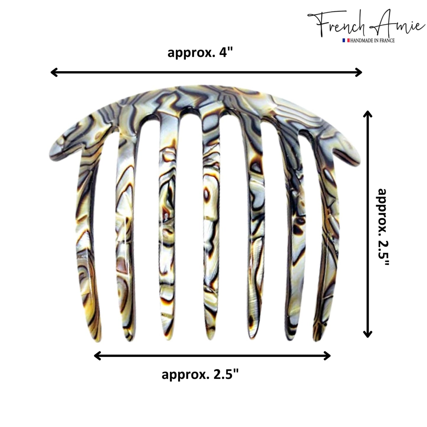 French Amie Curvy 7 Teeth Large 4” Celluloid Handmade Set of 3 Good Grip Hair Side Combs for Women and Girls