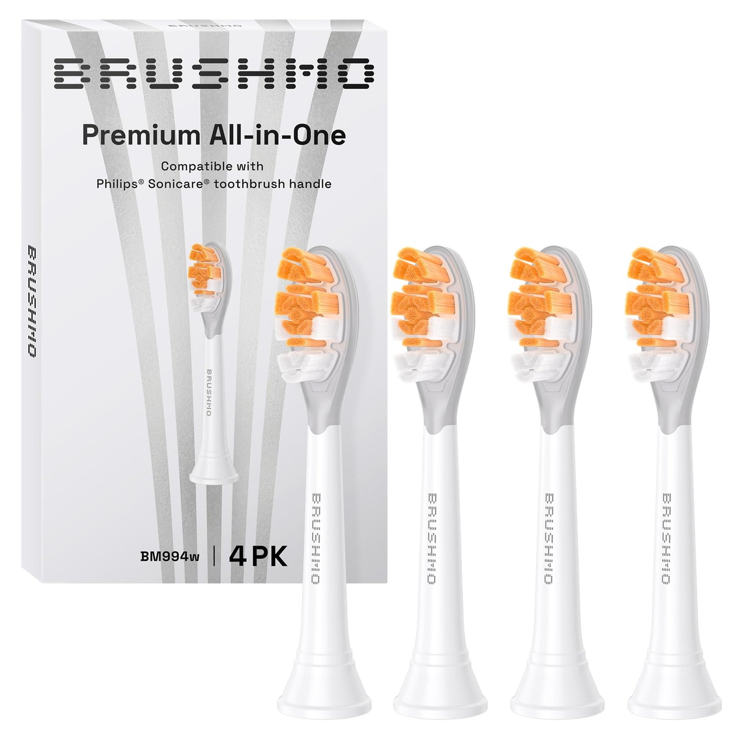 Brushmo All-in-One Replacement Toothbrush Heads, Compatible with Philips Sonicare Click-on Electric Toothbrush Handles, 4 Standard Replacement Heads, BM994, White