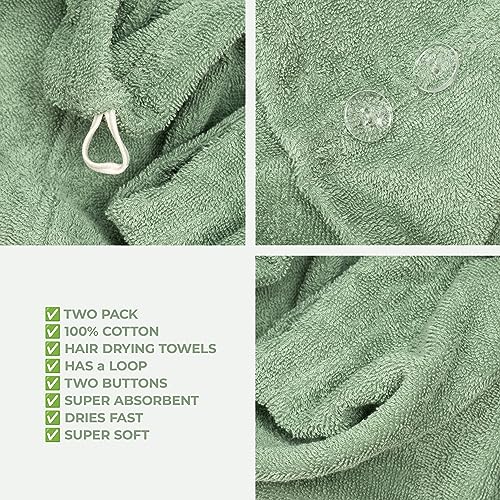American Soft Linen 100% Cotton Hair Towels for Women, Head Towel Cap, Cotton Hair Turban Towel Wrap for Long Curly Anti Frizz Hair, Soft and Absorbent Cotton Hair Towels 2 Pack, Sage Green