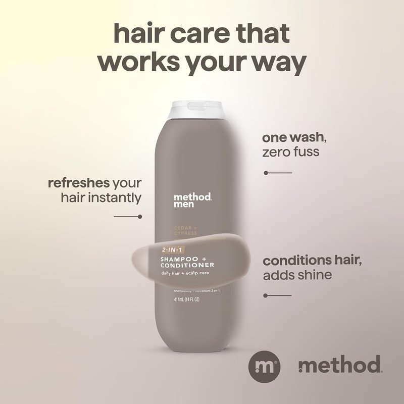 Method Men 2-in-1 Shampoo and Conditioner | Cedar + Cypress - Cleans & Conditions with Argan & Jojoba Oil - 14 oz