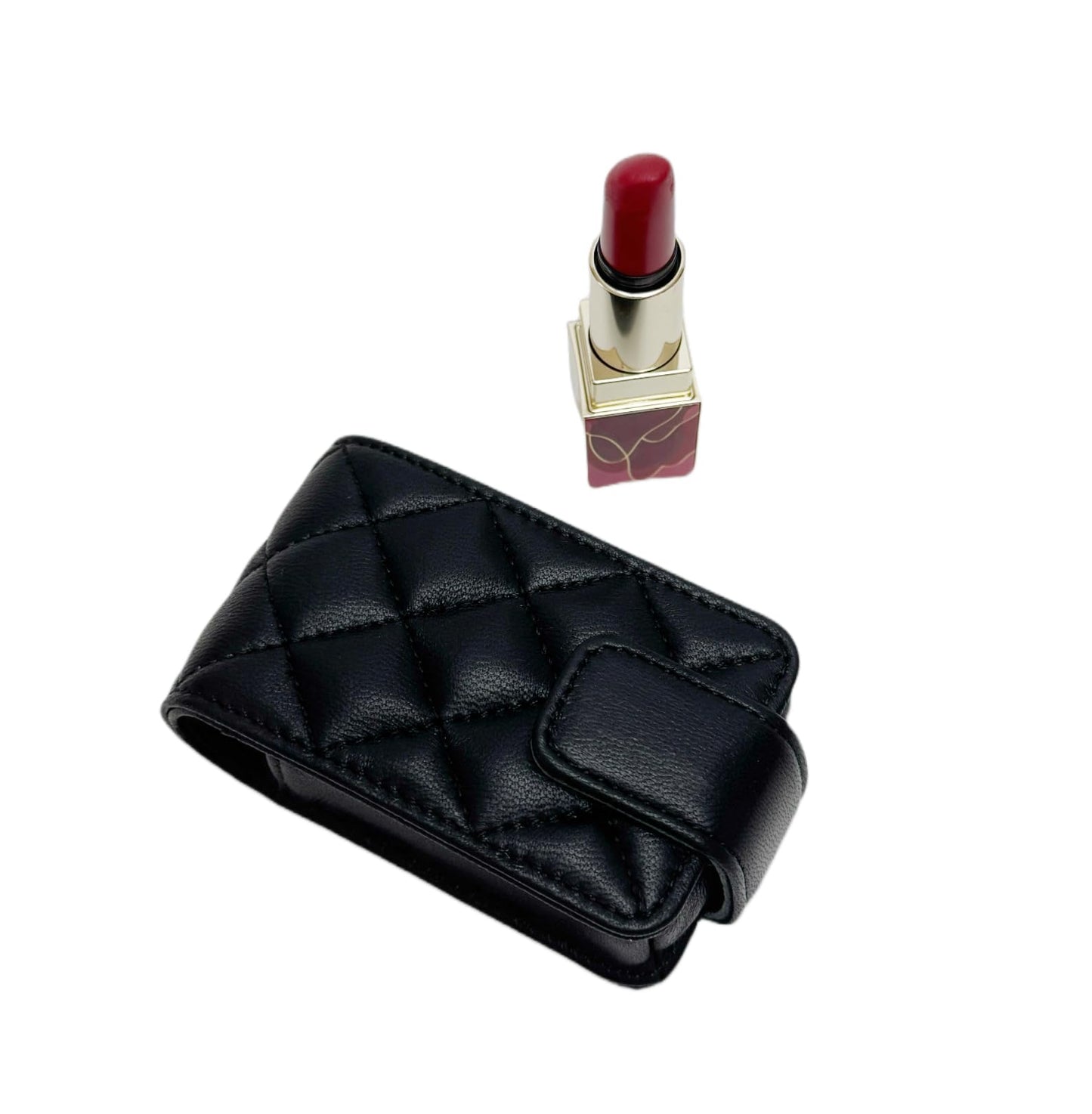 AgentMoon Portable Lipstick Pouch with a Mirror,Genuine Leather Magnetic Snap.Black Rhombus