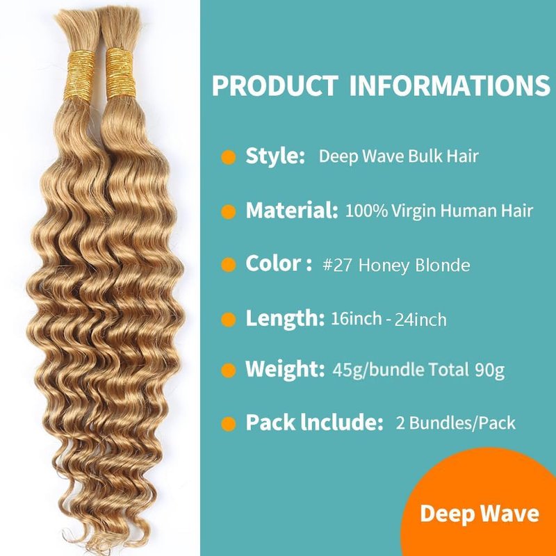 Deep Wave 2 Bundle Bulk Human Hair for Braiding Highlight Honey Blonde Curly Hair Extensions for Boho Braids Wet and Wavy Color 27 Human Braiding Hair Blonde Braiding Hair 90g 16 Inch