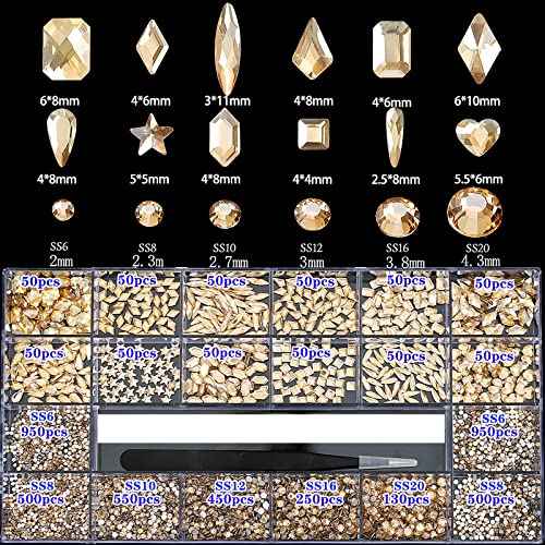 4880Pcs Champagne Rhinestones for Nails, Gold Crystal Nail Rhinestones Round Beads Flatback Glass Gems Stones, Multi Shapes 3D Nail Crystals for Nail Art DIY Crafts Clothes Shoes Jewelry