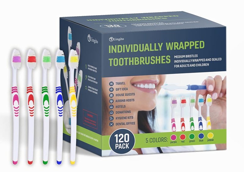 Bulk Portable Toothbrushes, Individually Wrapped, Manual Disposable Travel Toothbrush Set for Adults, Medium Soft Large Head, Multi Color Travel Toothbrush Kit (120 Pack - Medium)