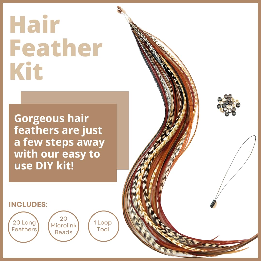 Natural Hair Feathers with Loop & Beads Browns, Black & White, Neutrals